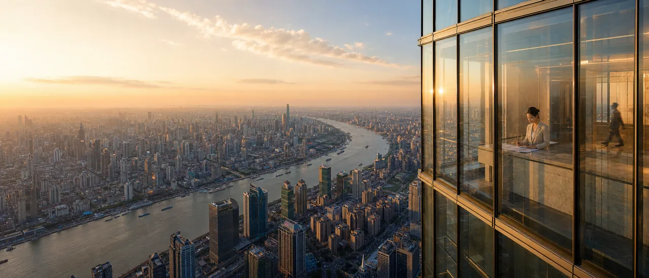 City viewed through an architectural window