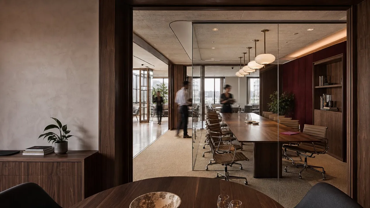People moving through a shared meeting space