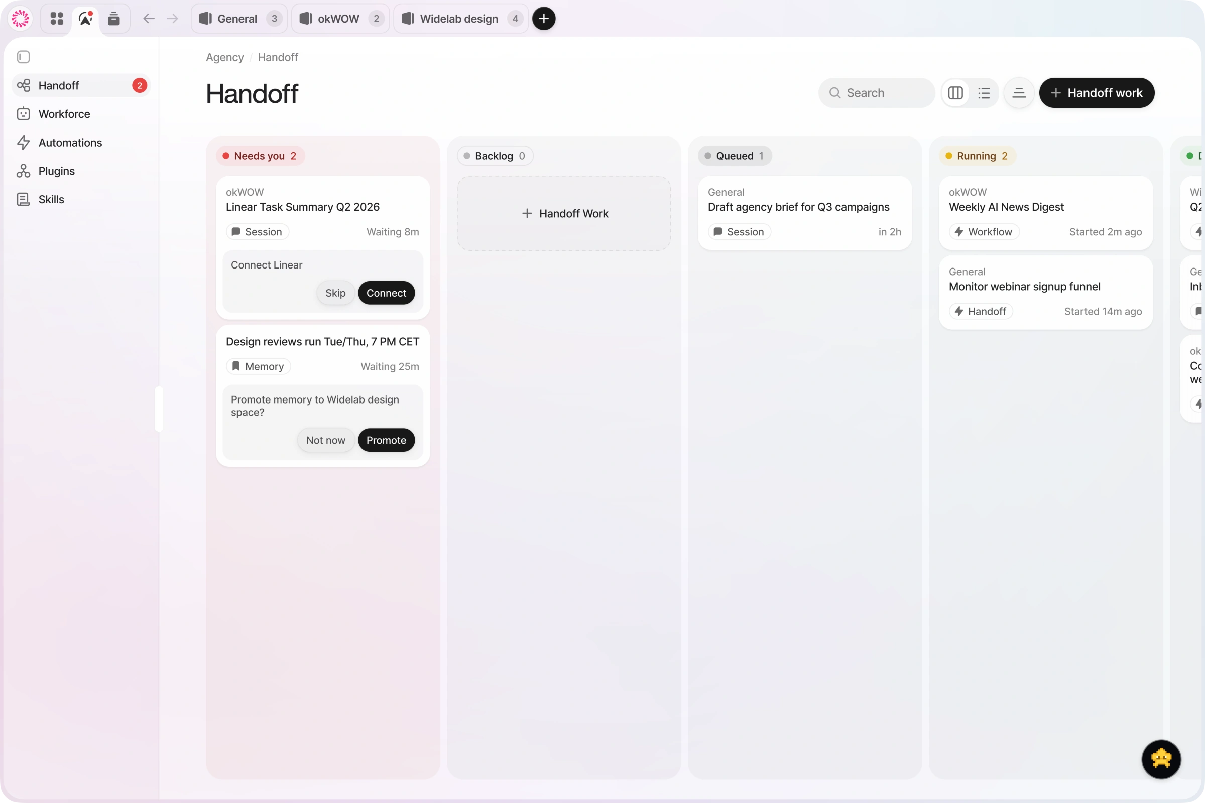 okWOW Agency Handoff board organizing delegated work into Needs you, Backlog, Queued, and Running columns.
