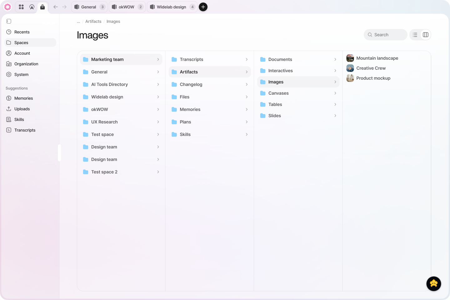 Recall vault showing folders, artifacts, and images organized across spaces.