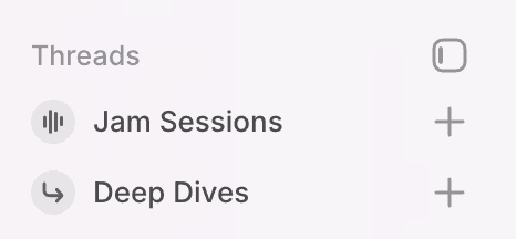 Threads menu with options to start a Jam session or deep dive